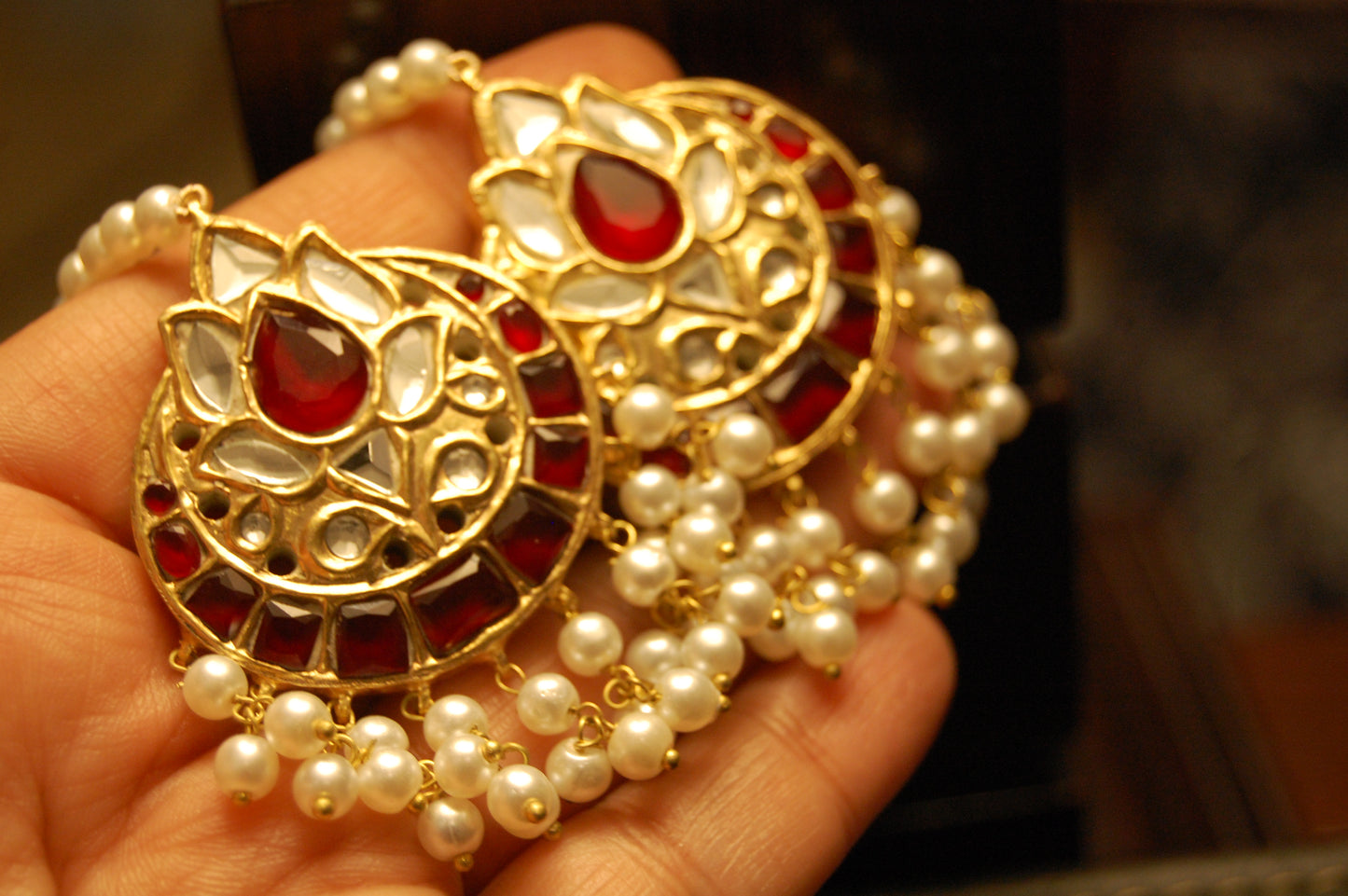 RED KUNDAN & PEARLS EARRINGS