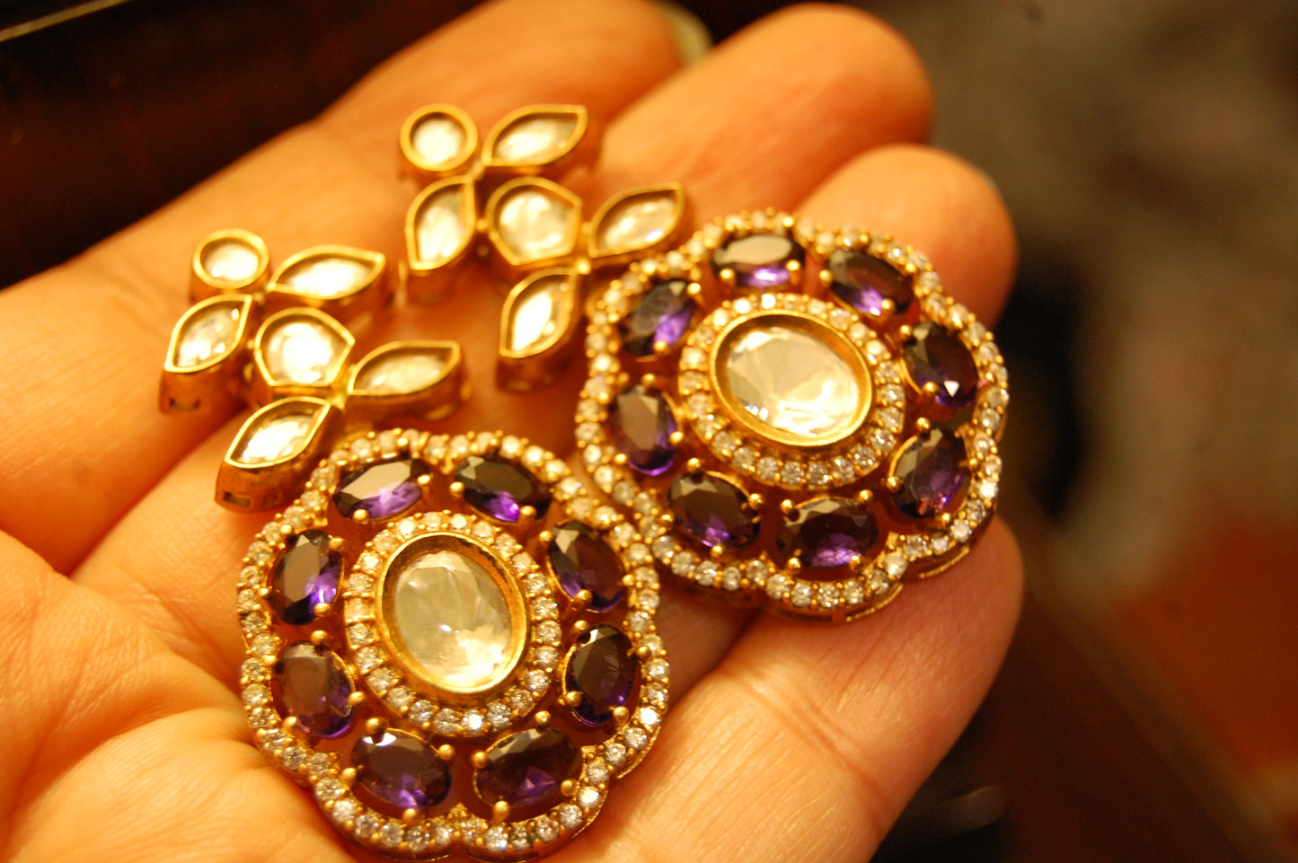 PURPLE AMETHYST POLKI KUNDAN EARRINGS