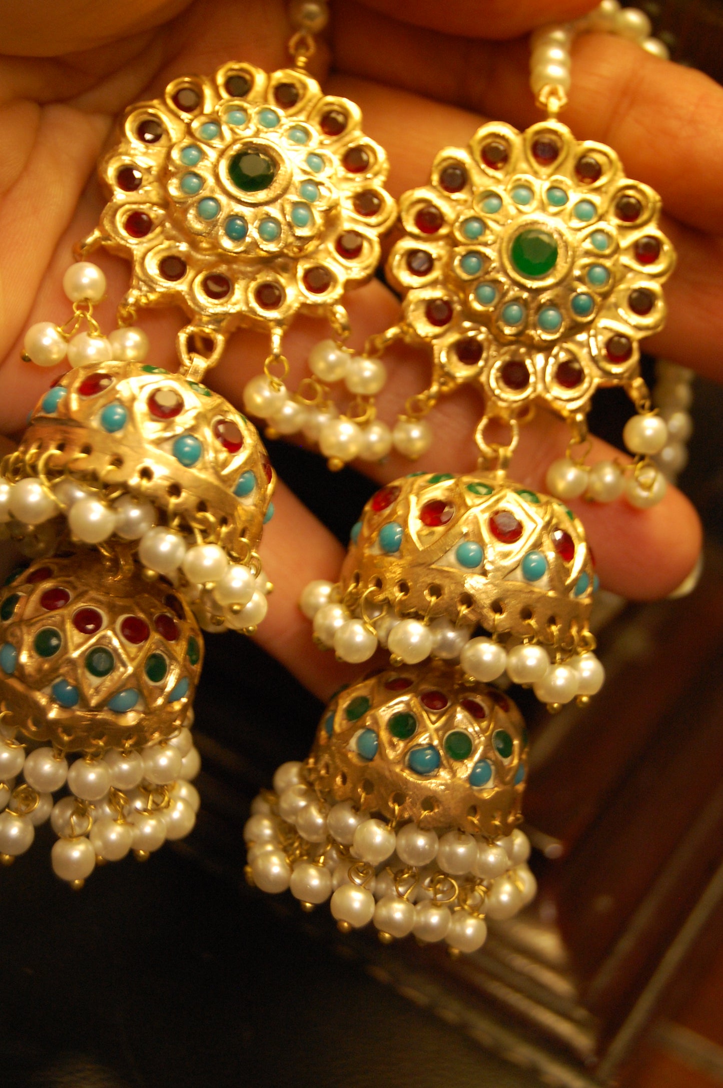 MULTI STONE TWO LAYERED JHUMKAS