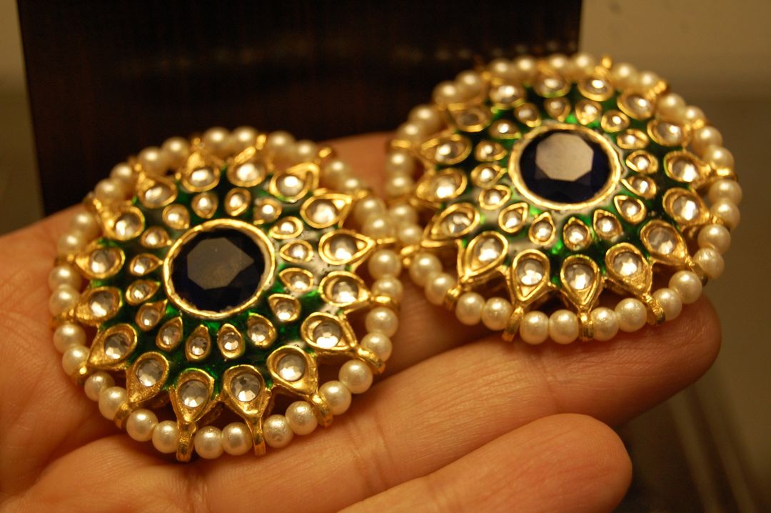 GREEN MEENA EARRINGS WITH KUNDAN & BLUE STONES