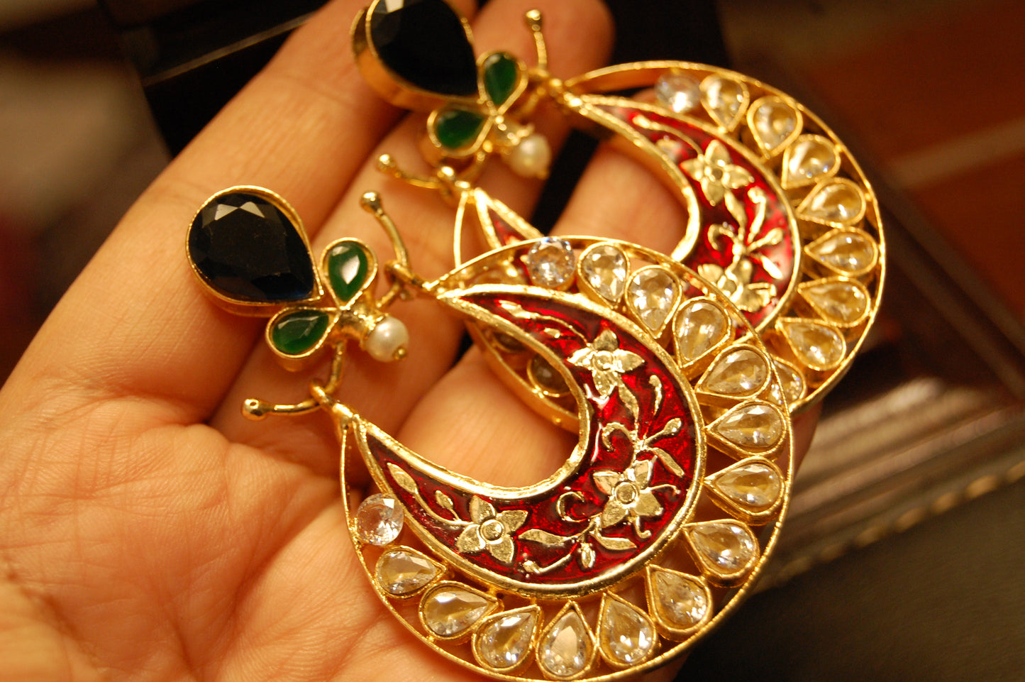 RED MEENA & KUNDAN EARRINGS WITH BLUE,GREEN