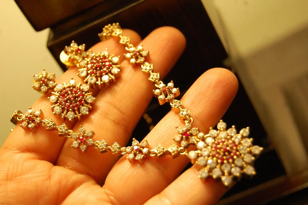 SOUTH INDIAN NECKLACE SET IN RED & ZIRCON