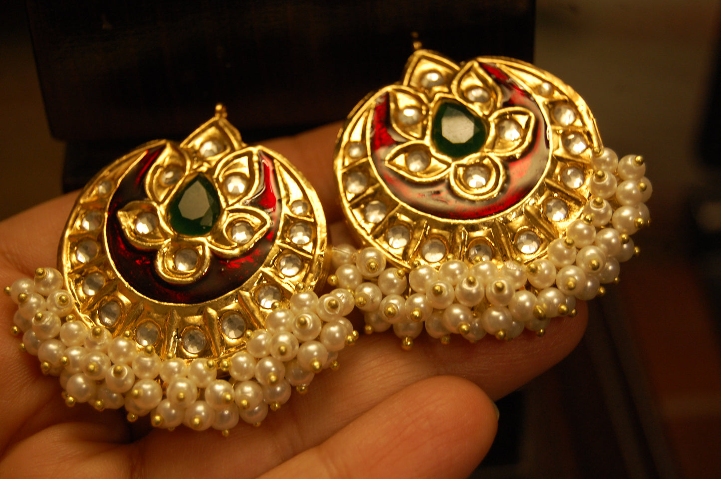 RED MEENA WITH GREEN STONE EARRINGS
