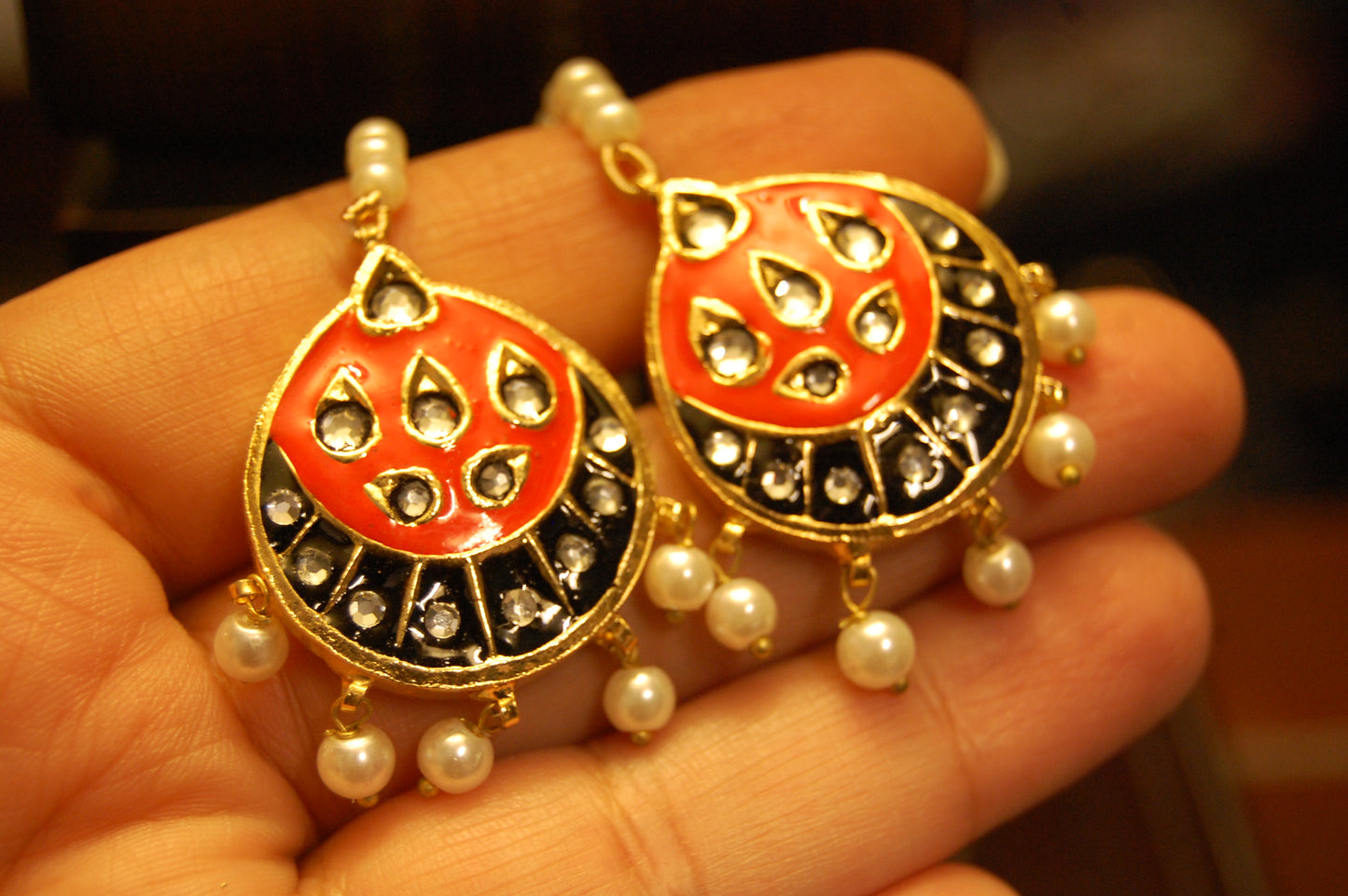 ORANGE MEENA & KUNDAN EARRINGS