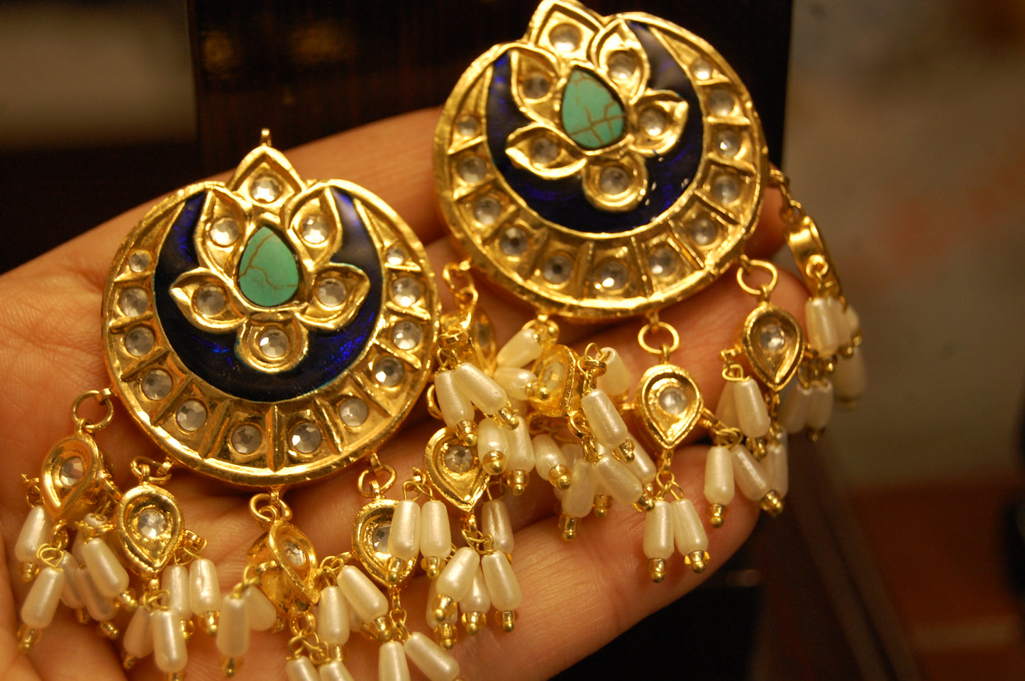 FEROZY STONE & BLUE MEENA EARRINGS WITH PEARLS
