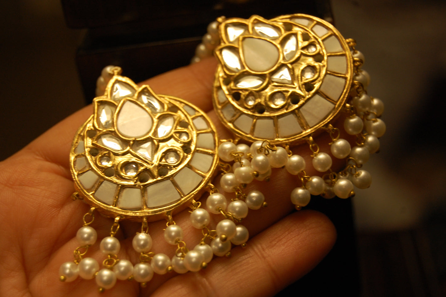 MOTHER OF PEARL, KUNDAN & PEARLS EARRINGS