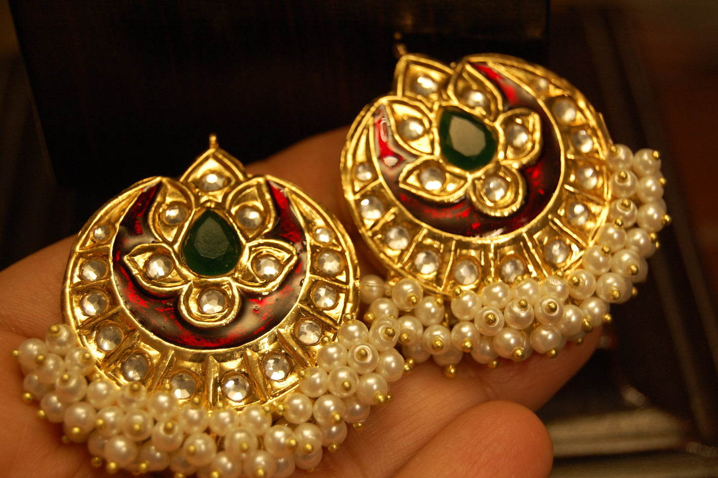 RED MEENA WITH GREEN STONE EARRINGS