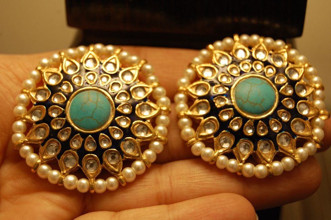 BLUE MEENA EARRINGS WITH KUNDAN & FEROZY STONES
