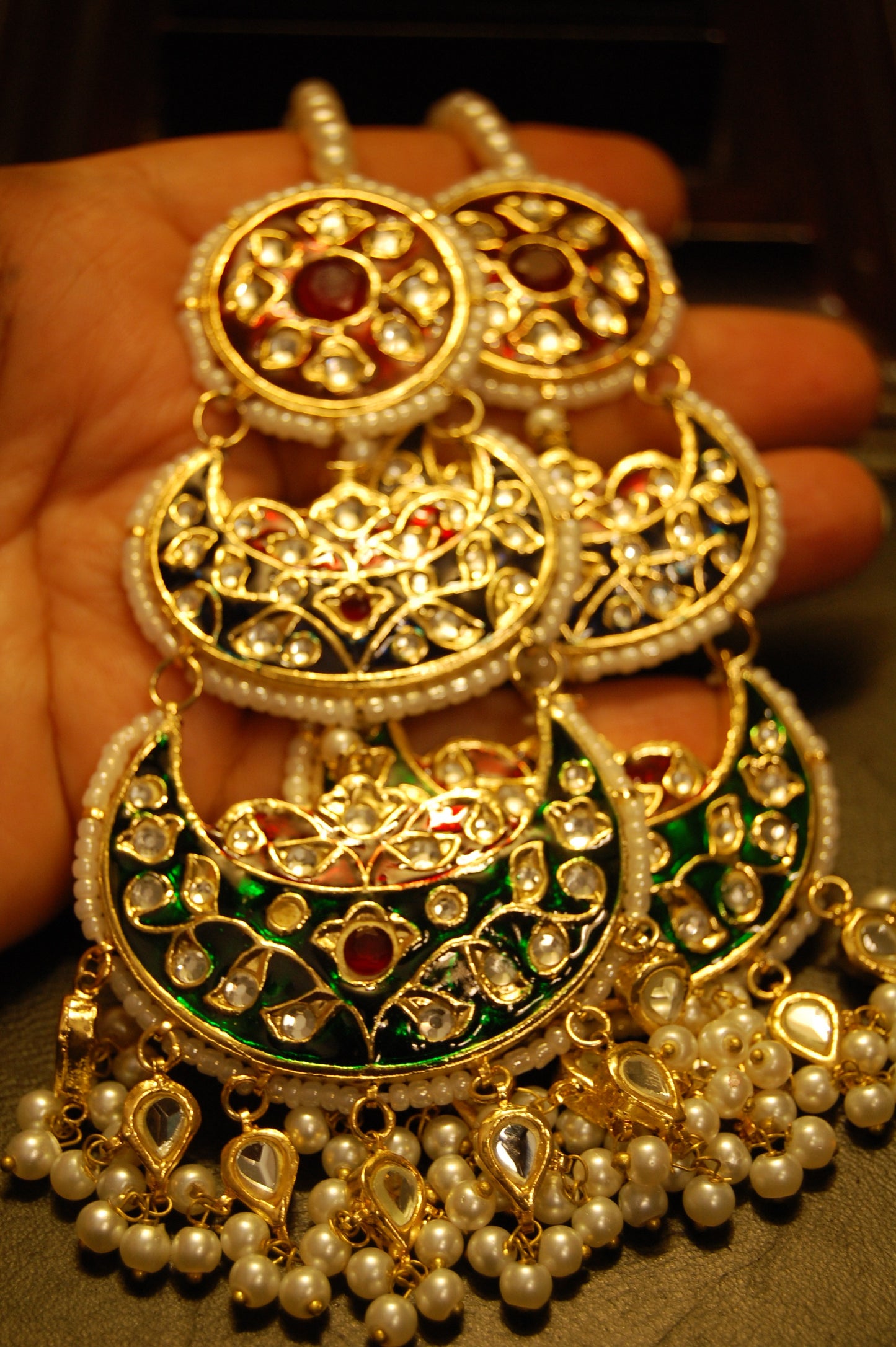 RED BLUE & GREEN MEENA & KUNDAN LONG EARRINGS