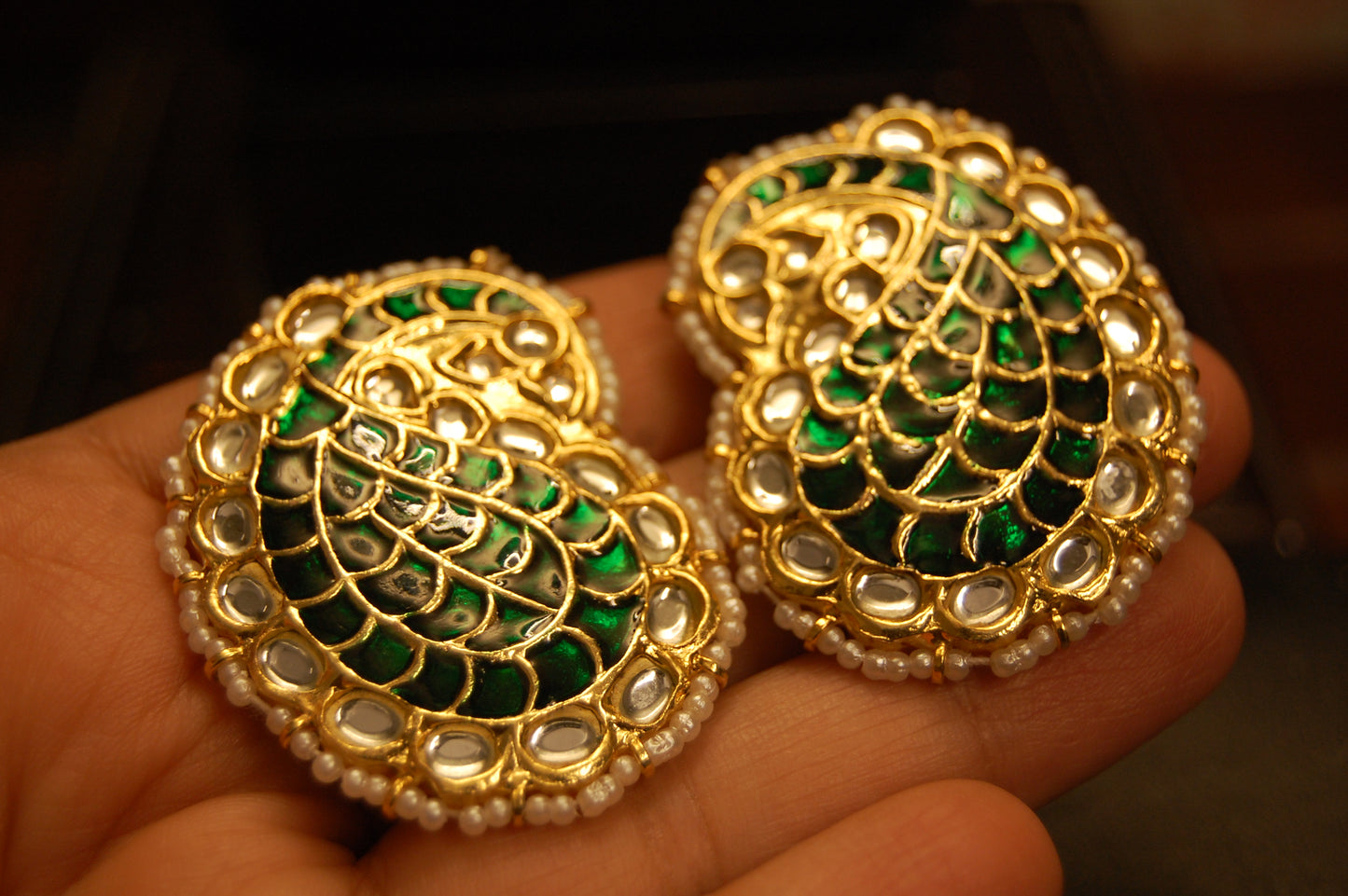 GREEN KUNDAN & MEENA PAISLEY EARRINGS