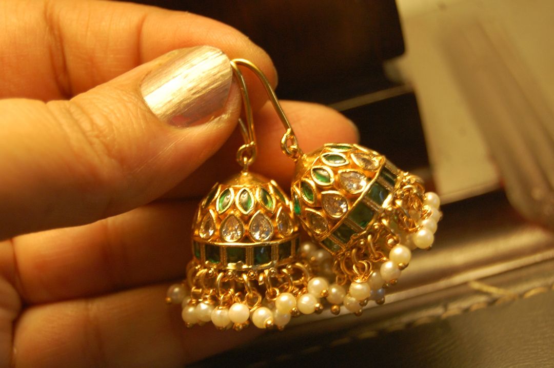 JHUMKIS IN GREEN WITH PEARLS