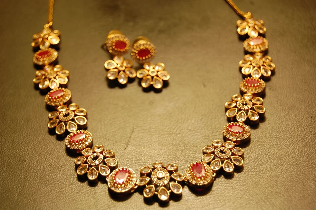 SOUTH INDIAN NECKLACE SET IN RED & ZIRCON