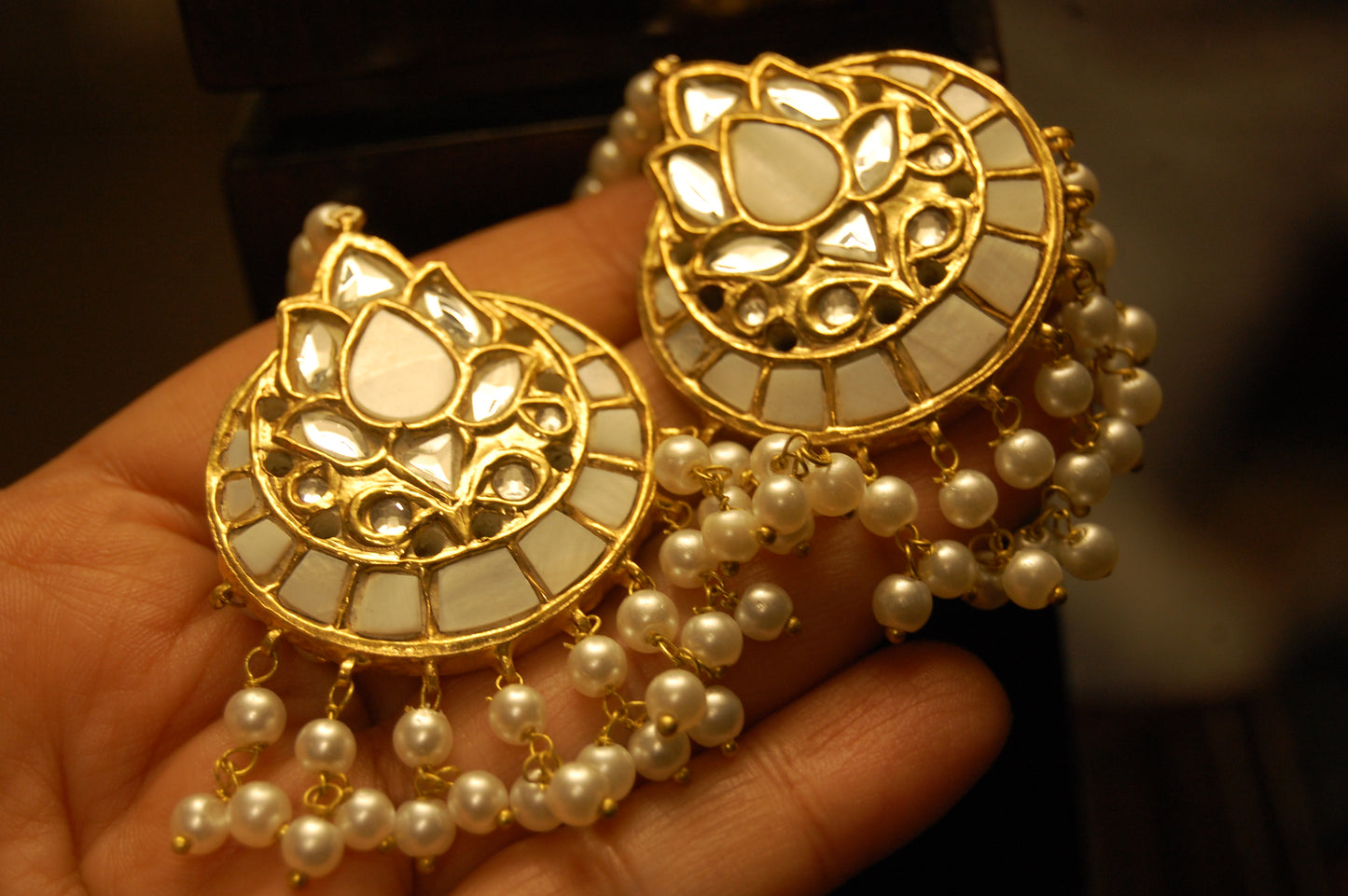 MOTHER OF PEARL, KUNDAN & PEARLS EARRINGS