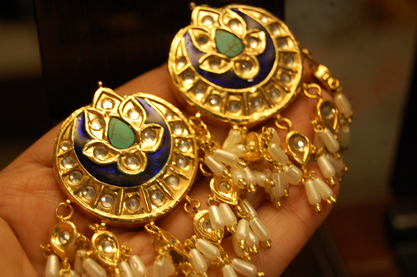 FEROZY STONE & BLUE MEENA EARRINGS WITH PEARLS