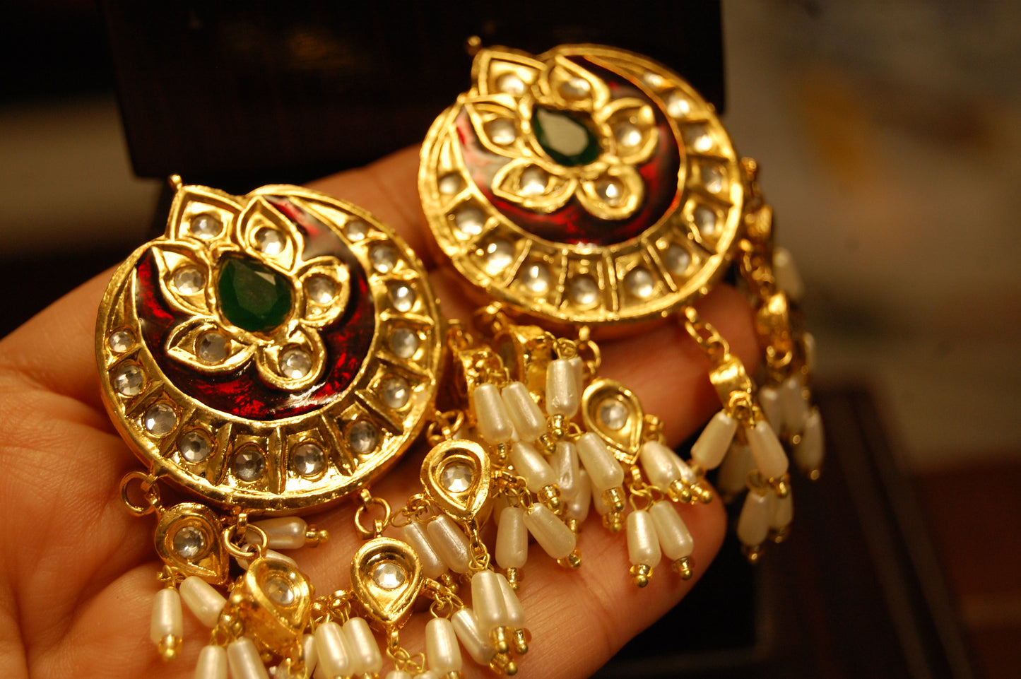 RED MEENA & GREEN EARRINGS WITH PEARLS