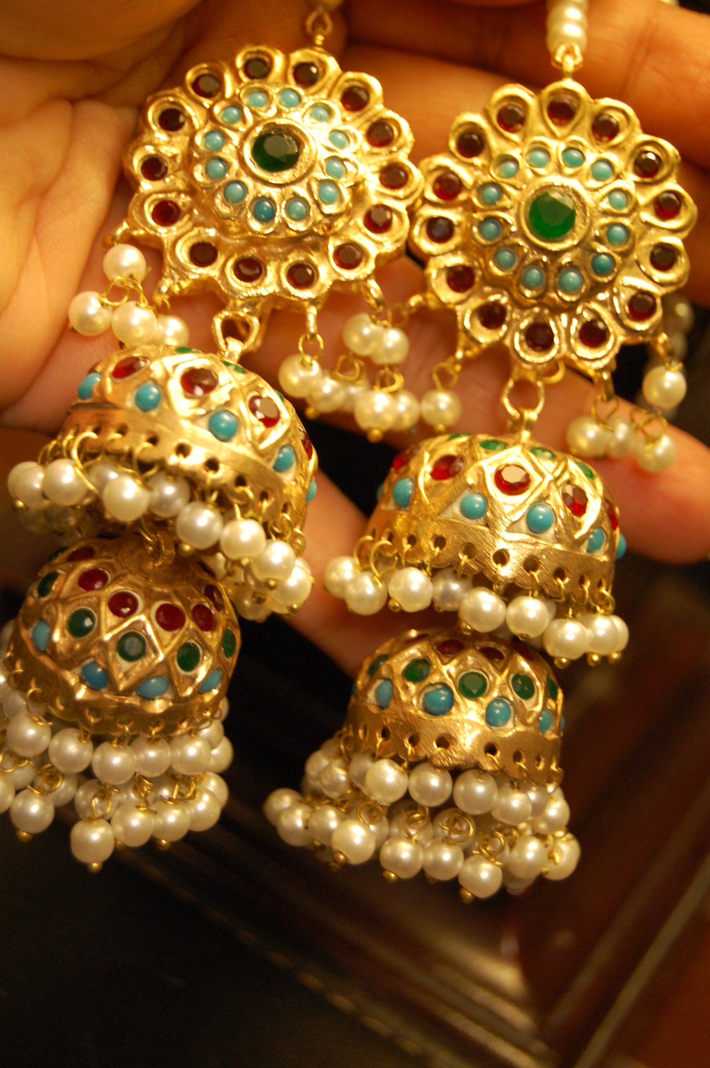 MULTI STONE TWO LAYERED JHUMKAS
