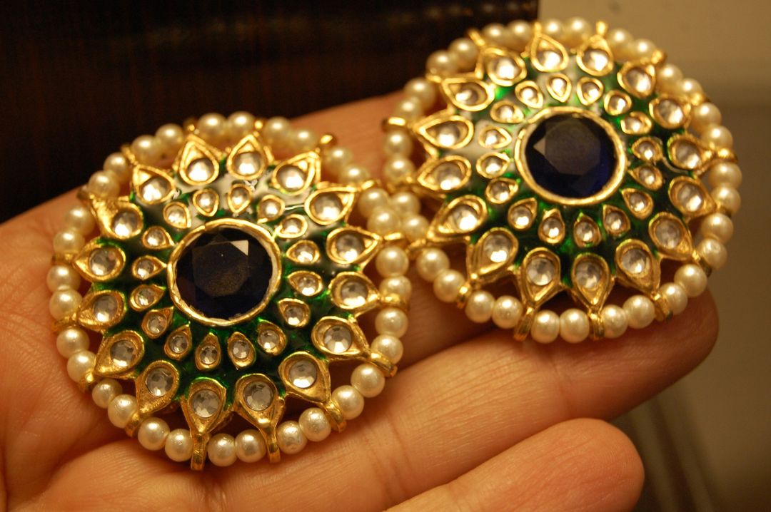 GREEN MEENA EARRINGS WITH KUNDAN & BLUE STONES