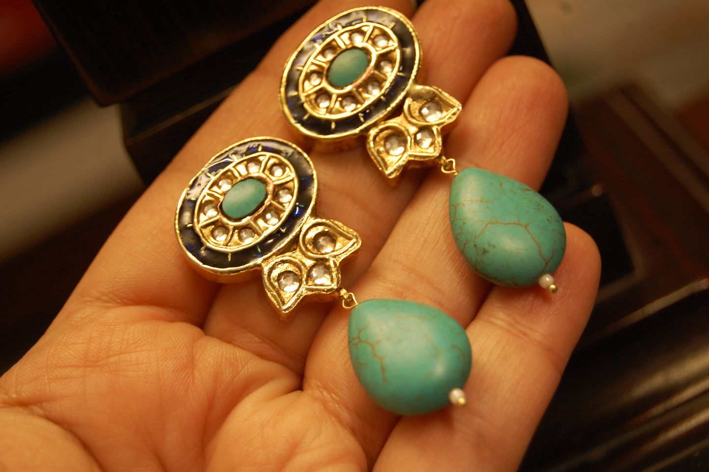BLUE & FEROZA KUNDAN MEENA EARRINGS