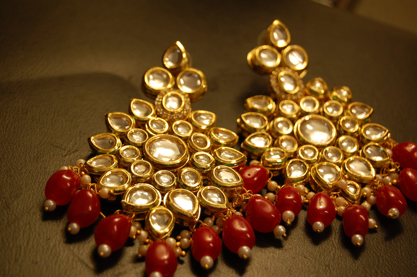 INDIAN POLKI KUNDAN EARRINGS WITH RED