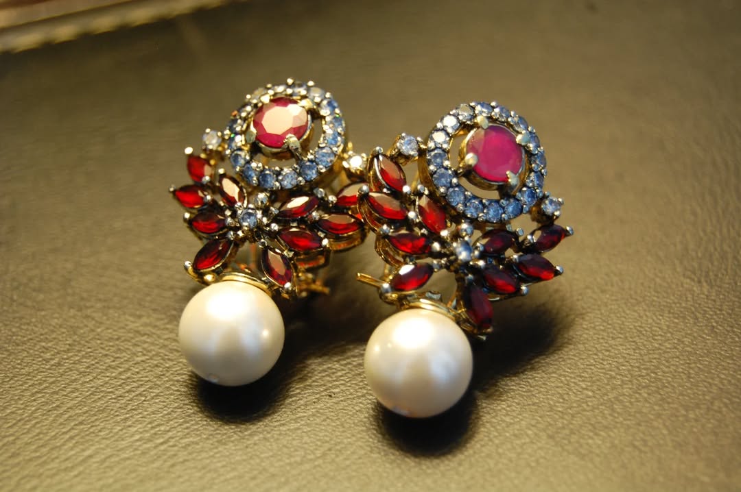 RED, PEARL & ZIRCON EARRINGS