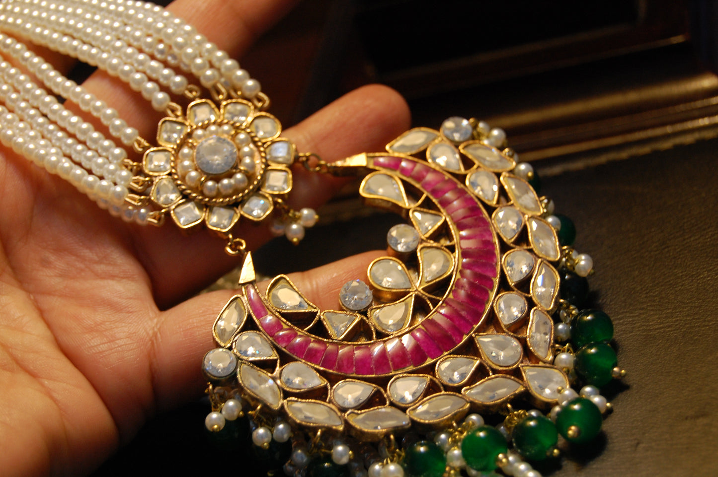 ELEGANT KUNDAN MALA IN RED & GREEN IN PEARLS STRING