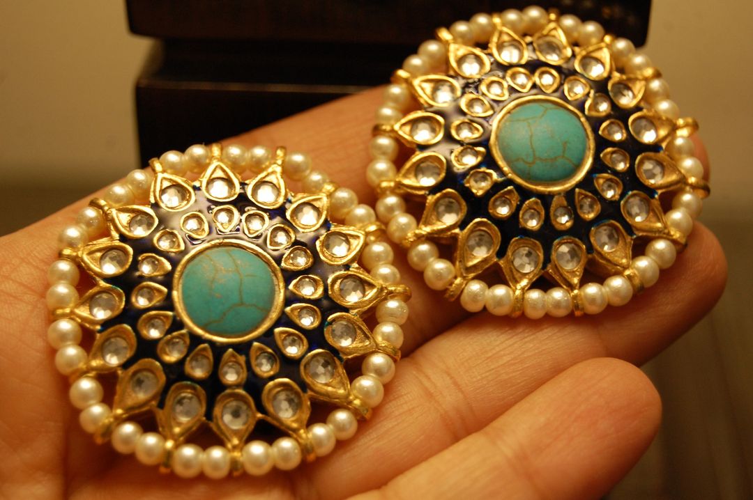 BLUE MEENA EARRINGS WITH KUNDAN & FEROZY STONES