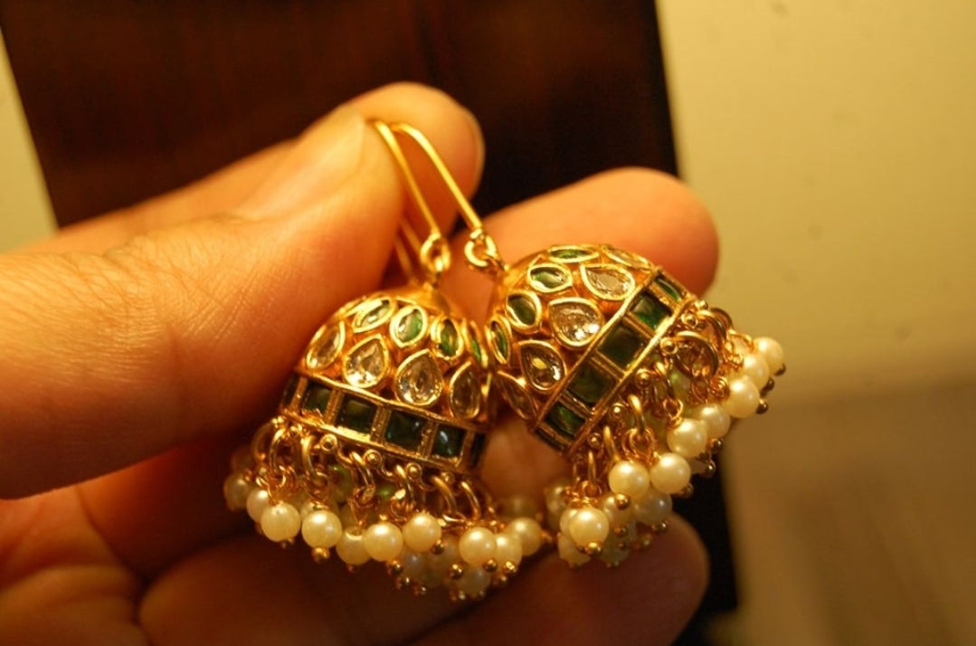 JHUMKIS IN GREEN WITH PEARLS