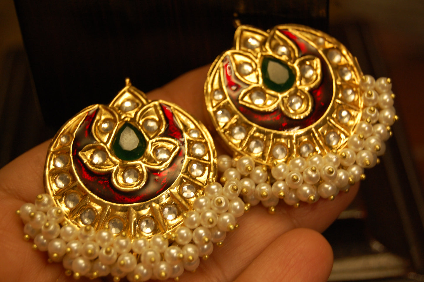 RED MEENA WITH GREEN STONE EARRINGS
