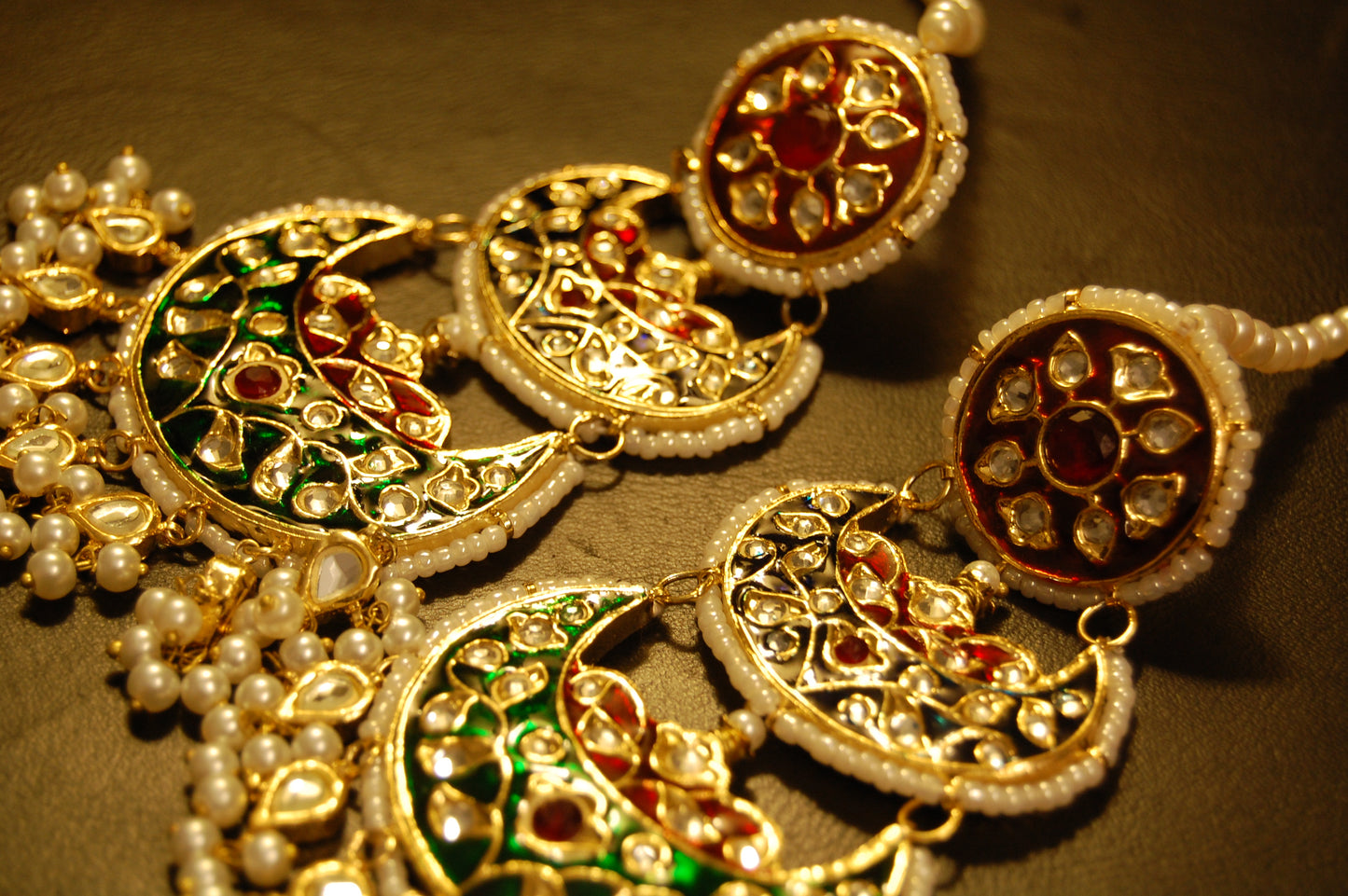 RED BLUE & GREEN MEENA & KUNDAN LONG EARRINGS
