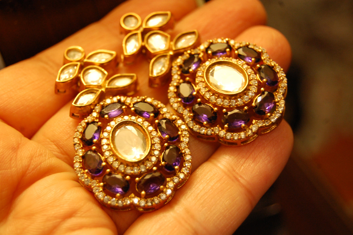 PURPLE AMETHYST POLKI KUNDAN EARRINGS