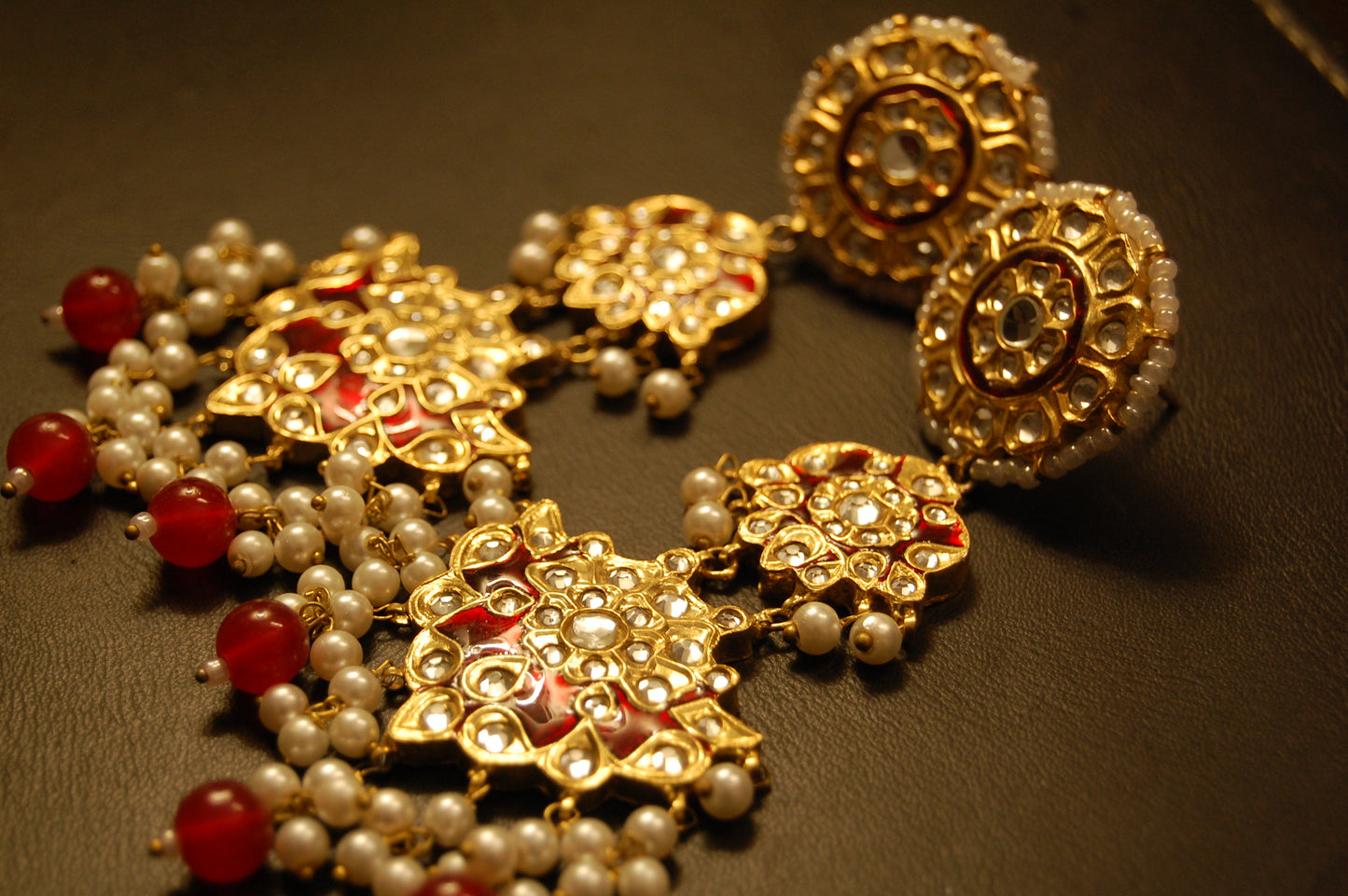 LONG RED MEENA & KUNDAN EARRINGS
