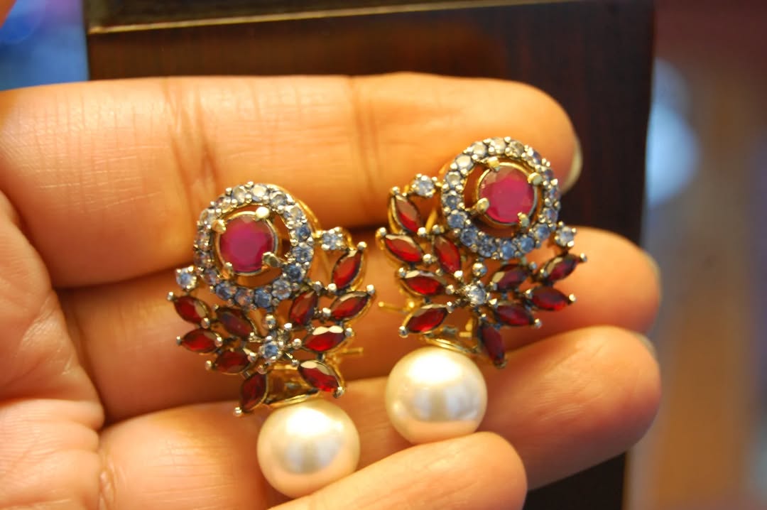 RED, PEARL & ZIRCON EARRINGS