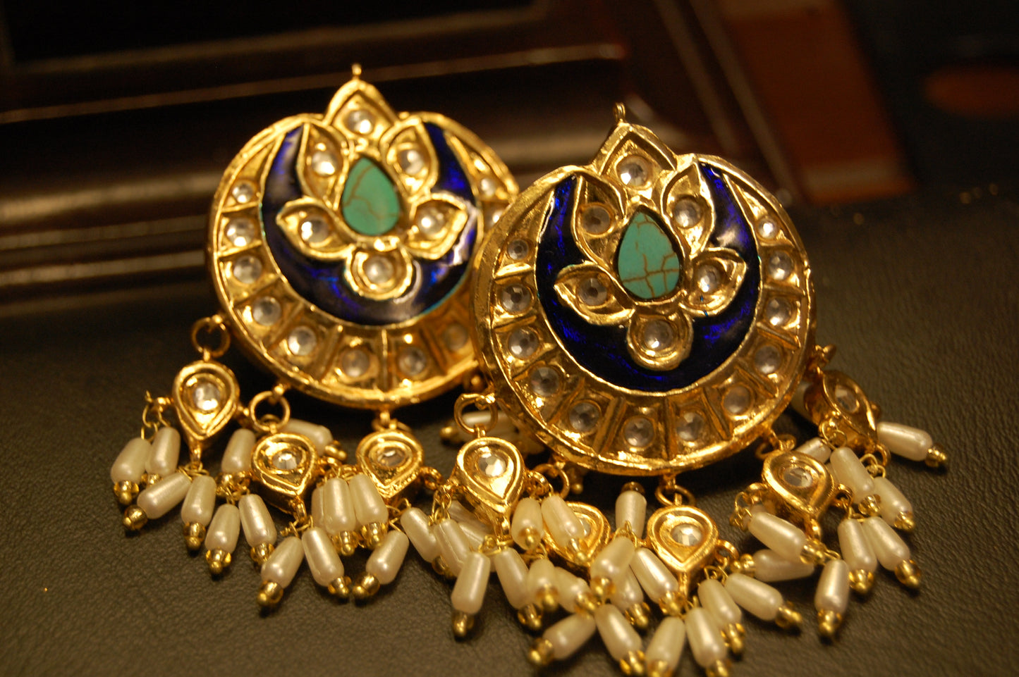 FEROZY STONE & BLUE MEENA EARRINGS WITH PEARLS