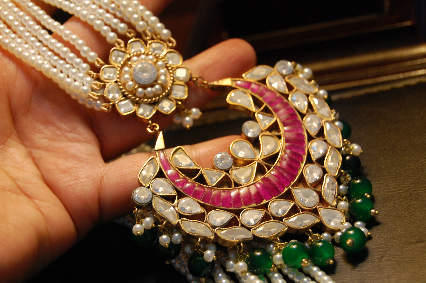 ELEGANT KUNDAN MALA IN RED & GREEN IN PEARLS STRING