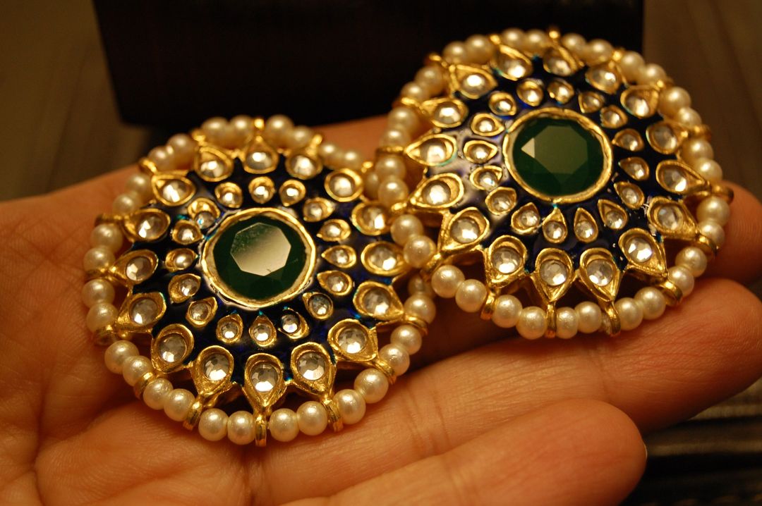 BLUE MEENA EARRINGS WITH KUNDAN & GREEN STONES