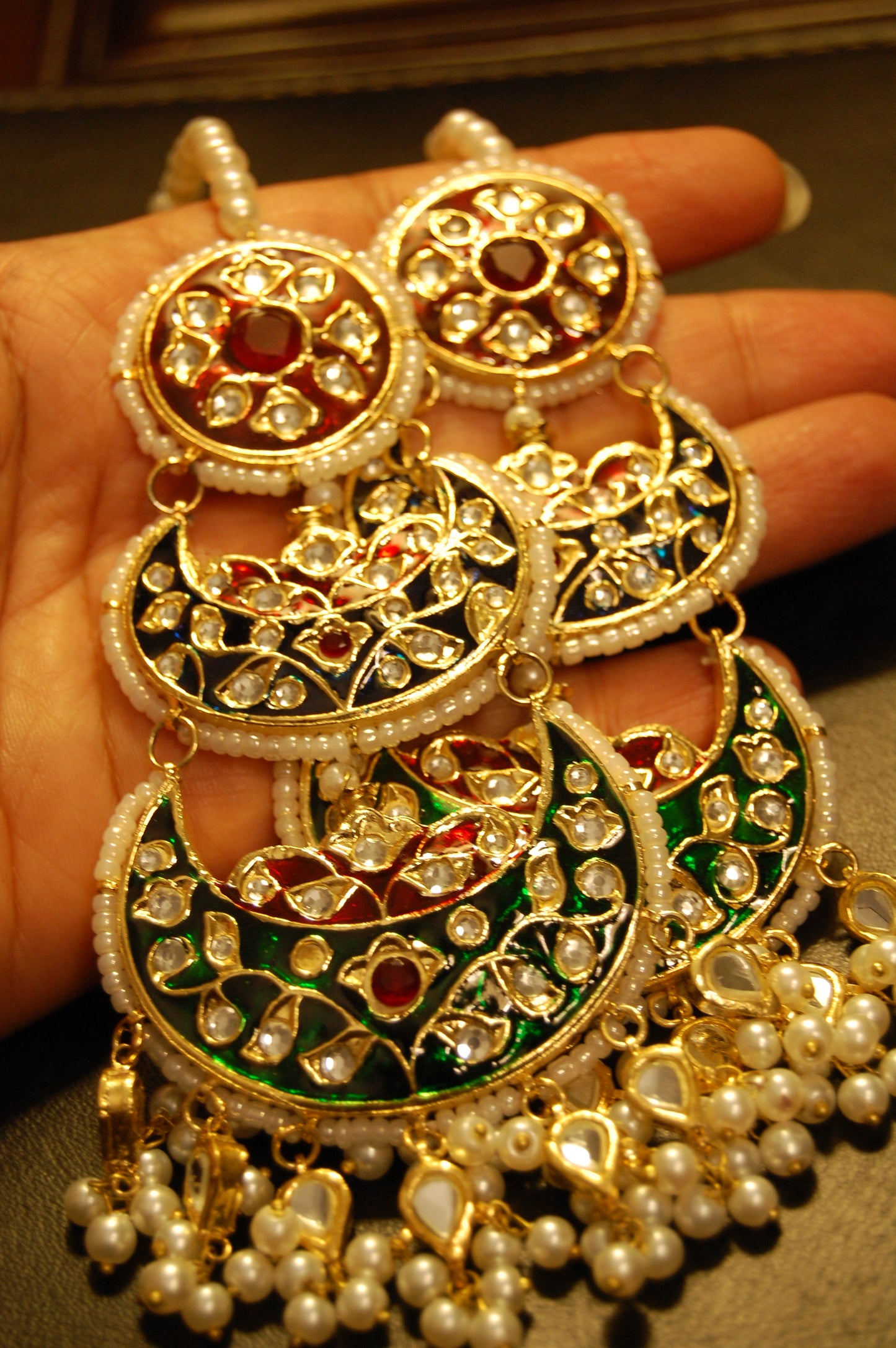 RED BLUE & GREEN MEENA & KUNDAN LONG EARRINGS