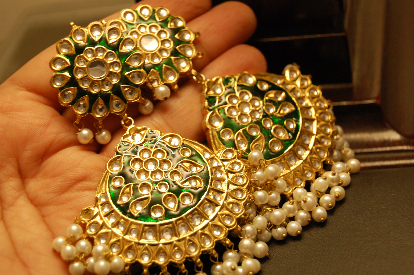 GREEN MEENA & KUNDAN EARRINGS
