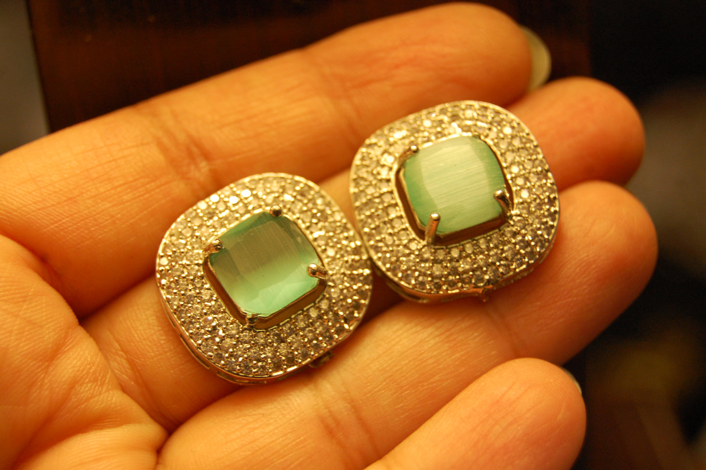 JADE GREEN & ZIRCON EARRINGS