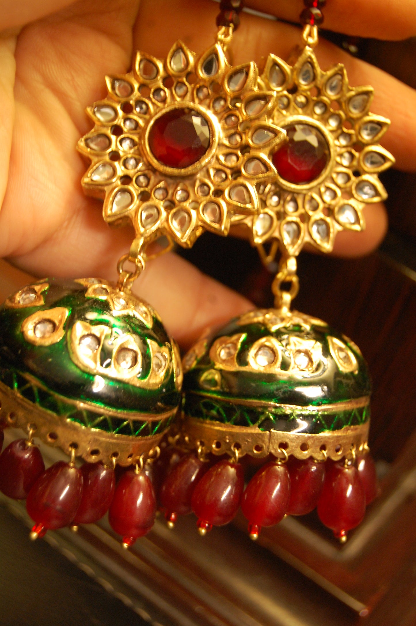 GREEN MEENA & RED KUNDAN JHUMKAS