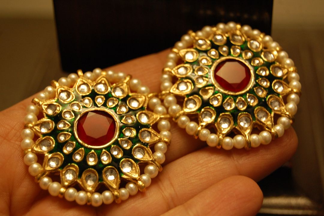 GREEN MEENA EARRINGS WITH KUNDAN & RED STONES