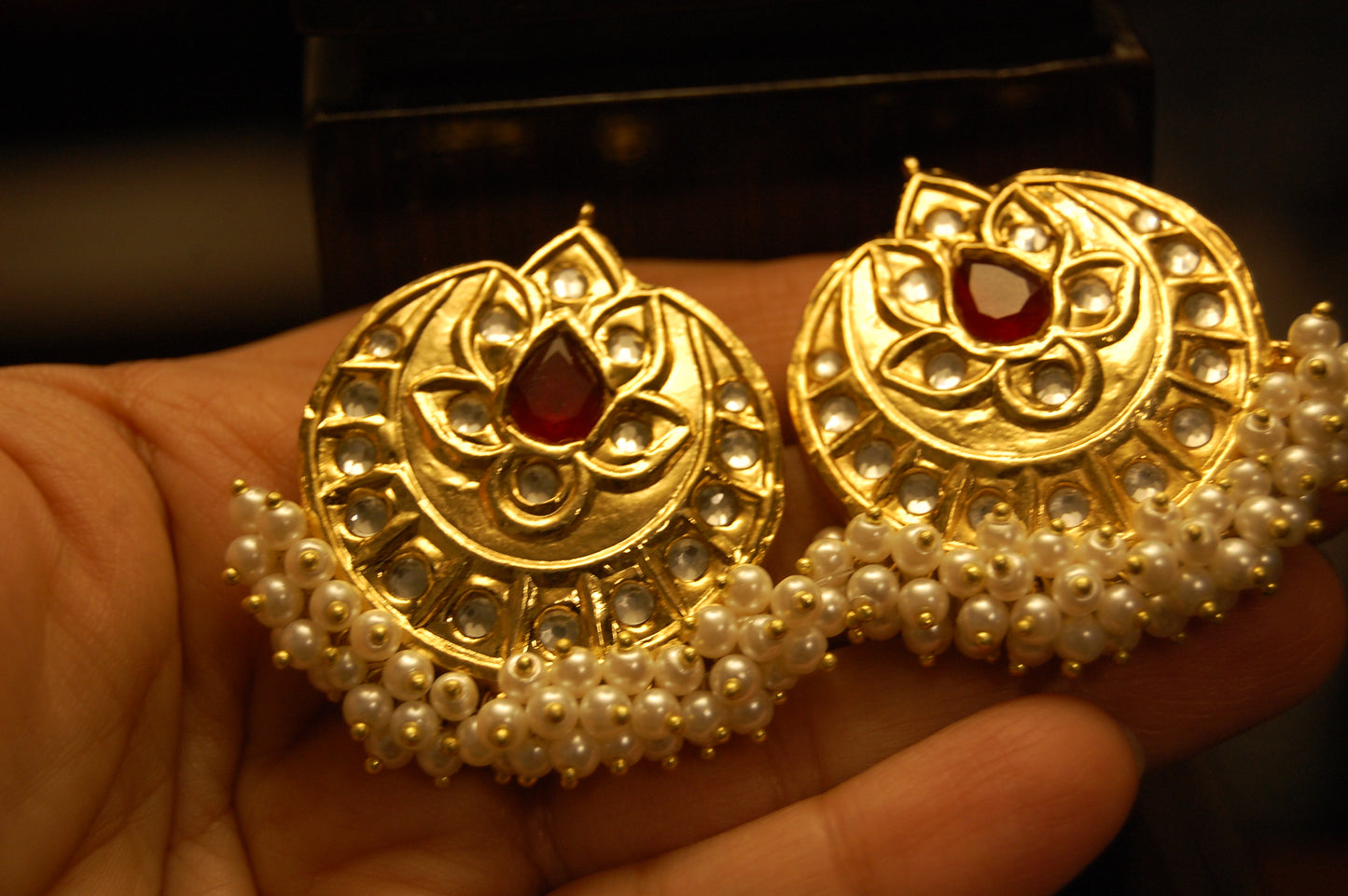 GOLDEN & RED STONE WITH PEARLS EARRINGS