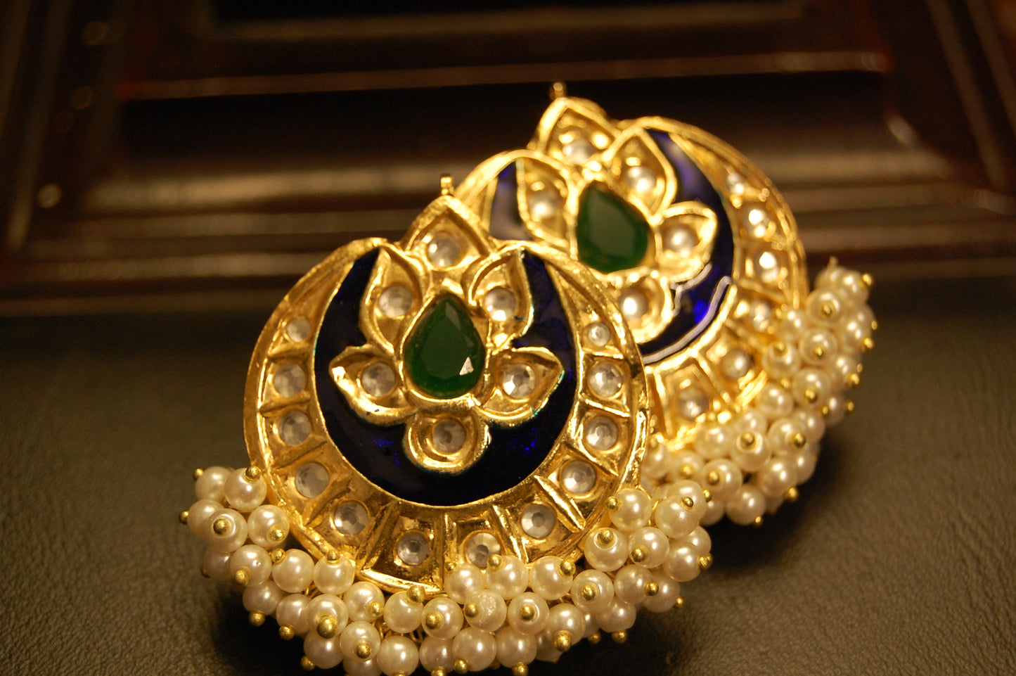 BLUE MEENA WITH BLUE STONE & PEARLS EARRINGS