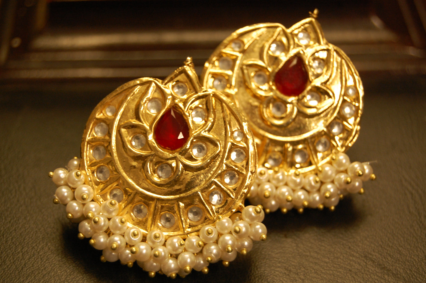 GOLDEN & RED STONE WITH PEARLS EARRINGS