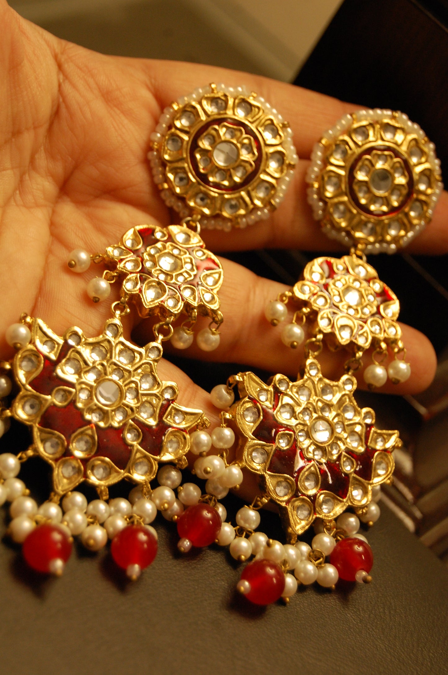 LONG RED MEENA & KUNDAN EARRINGS