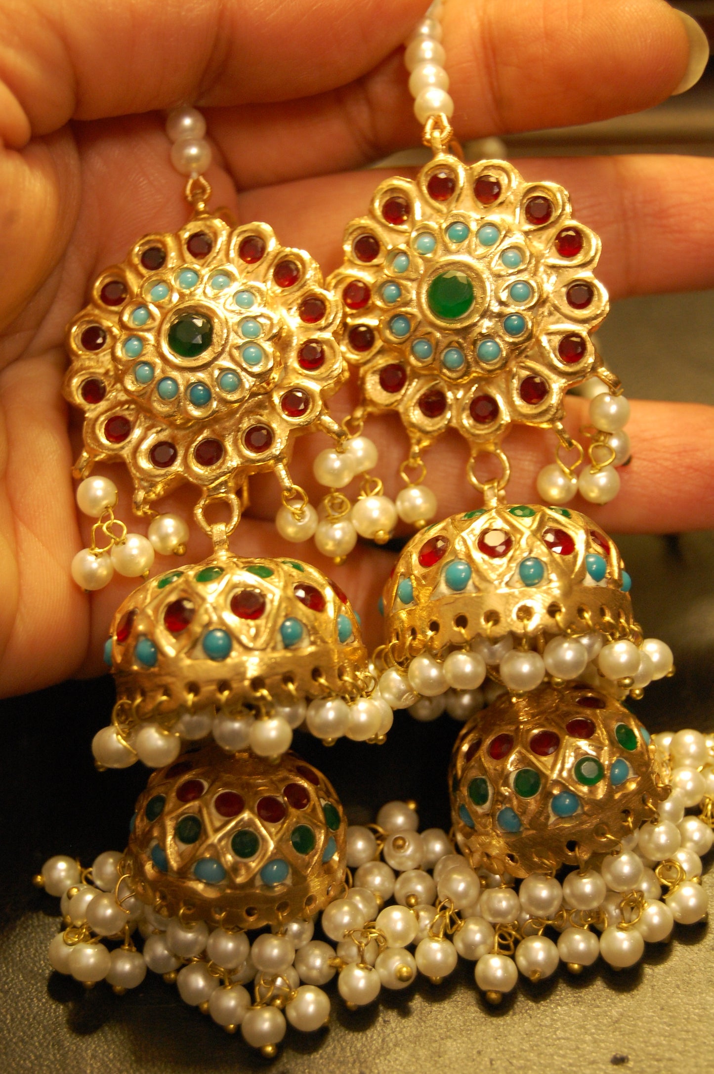 MULTI STONE TWO LAYERED JHUMKAS