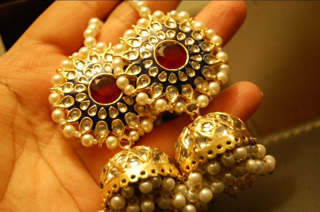 BLUE & RED MEENA & KUNDAN JHUMKAS