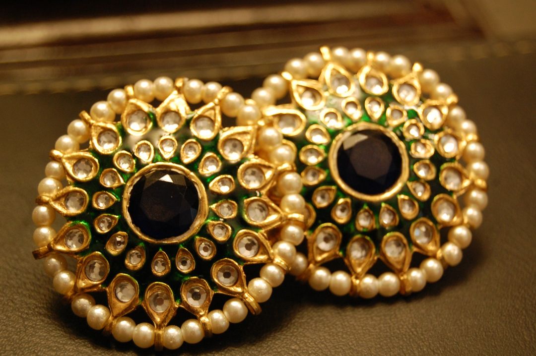 GREEN MEENA EARRINGS WITH KUNDAN & BLUE STONES