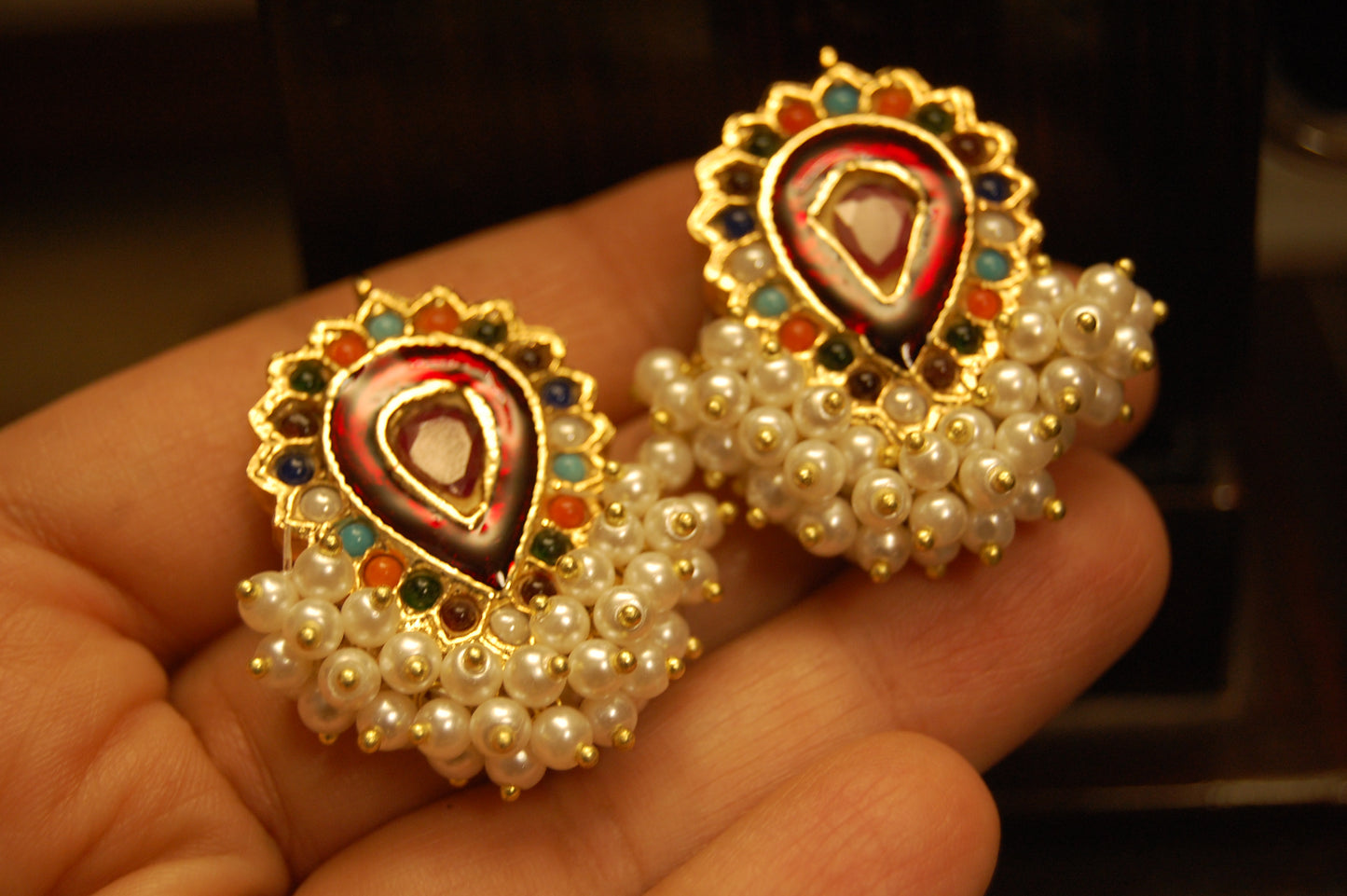 MULTI STONE EARRINGS WITH RED MEENA
