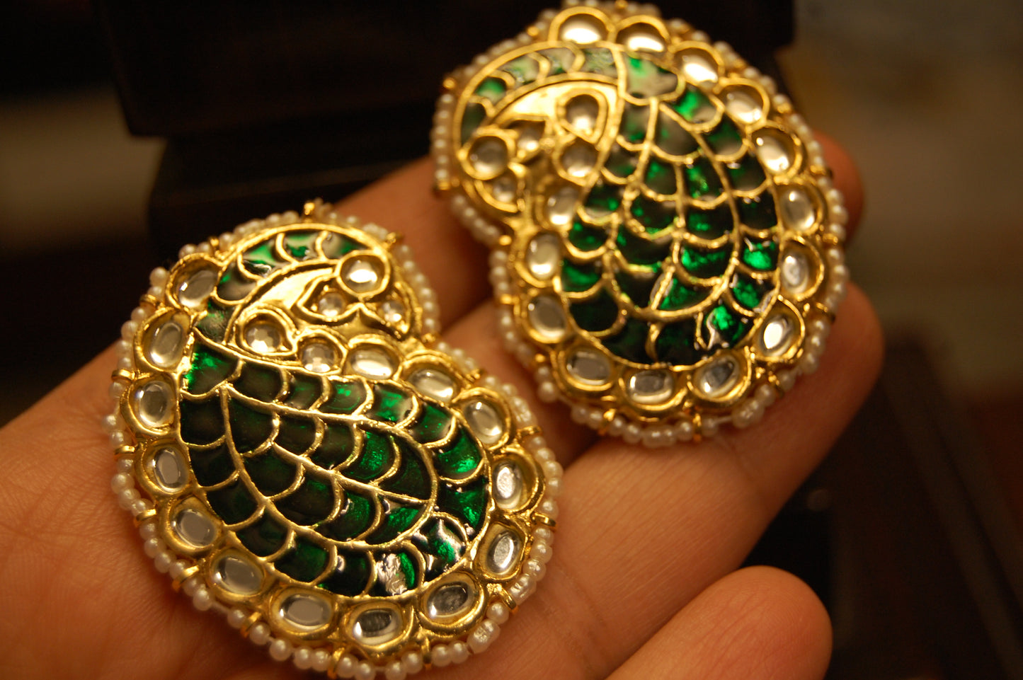 GREEN KUNDAN & MEENA PAISLEY EARRINGS