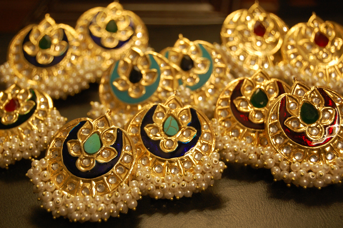 BLUE MEENA WITH BLUE STONE & PEARLS EARRINGS